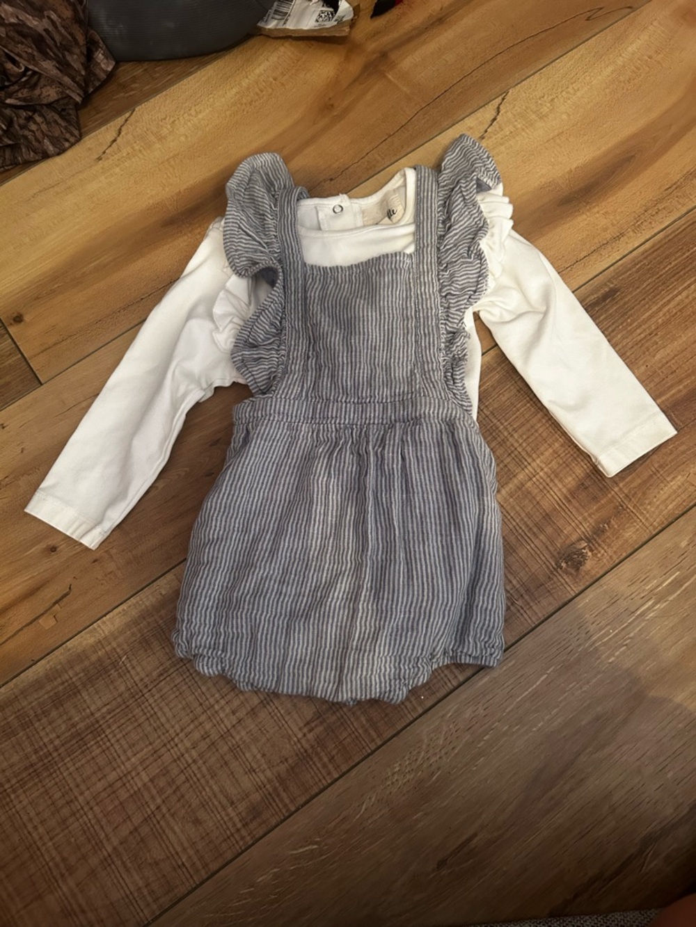 Girls Striped Ruffle Pinafore Skirt with White Top - Gray